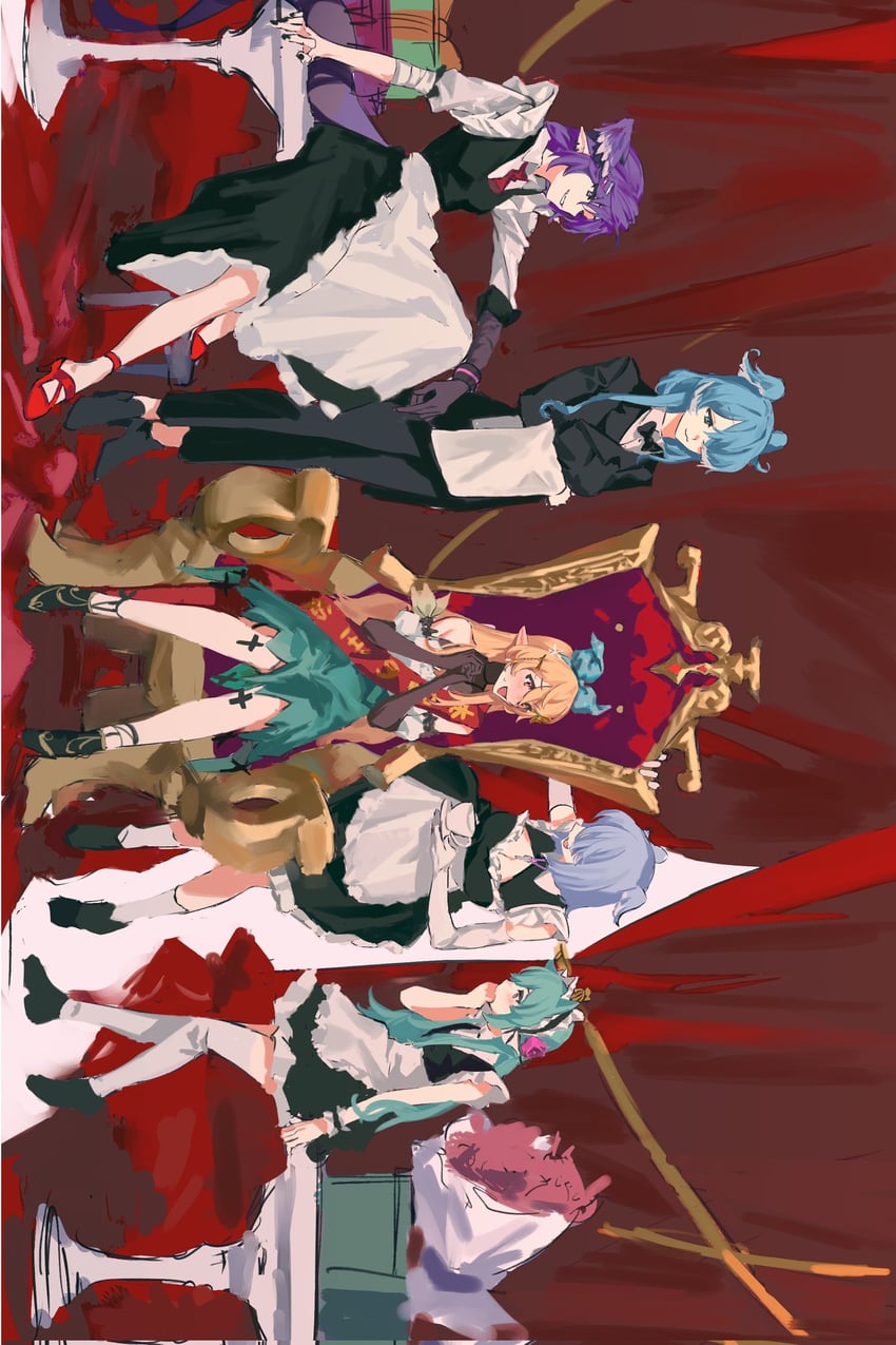 elira pendora, selen tatsuki, pomu rainpuff, and finana ryugu (nijisanji and 1 more) drawn by yizhichunji