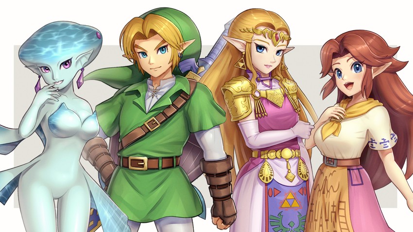 link, princess zelda, malon, and princess ruto (the legend of zelda and 1 more) drawn by gonzarez
