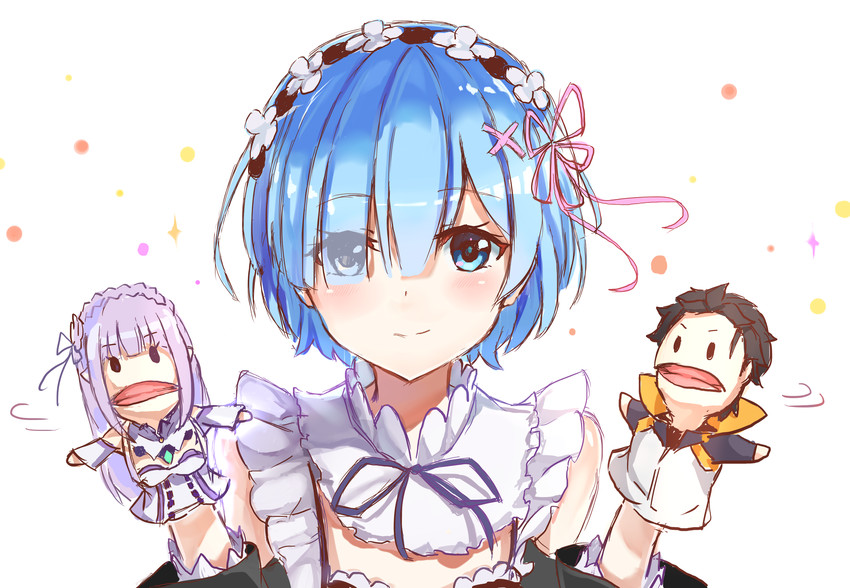 rem, emilia, and natsuki subaru (re:zero kara hajimeru isekai seikatsu) drawn by maeshimashi