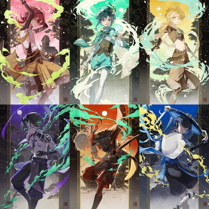 scaramouche, aether, wanderer, venti, xiao, and 2 more (genshin impact) drawn by hitohachan