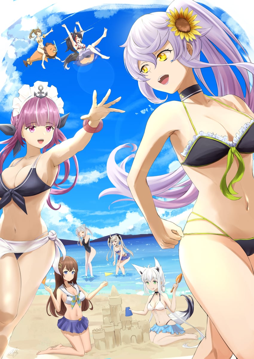 shirakami fubuki, minato aqua, ookami mio, murasaki shion, nakiri ayame, and 3 more (hololive and 1 more) drawn by nev_(nevblindarts)