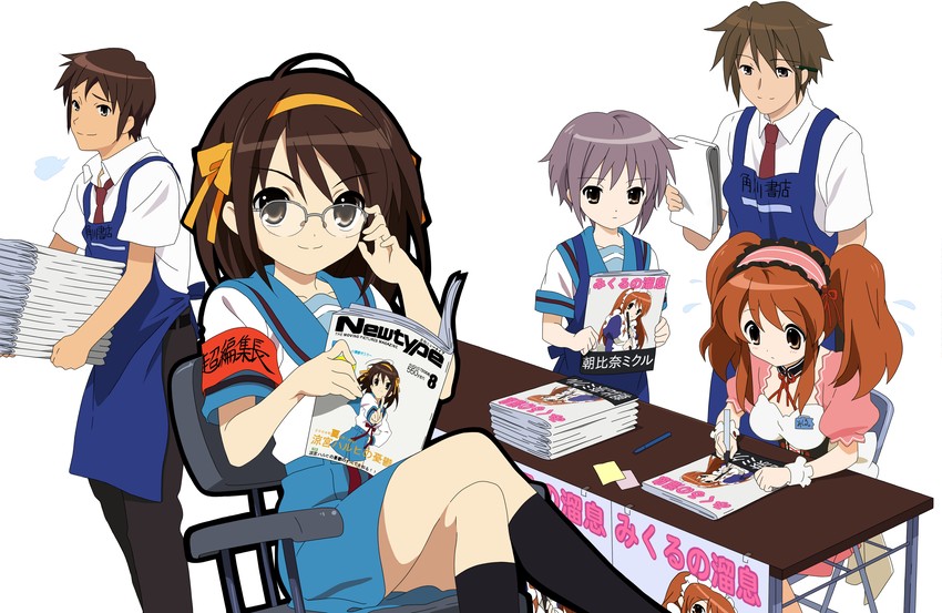 suzumiya haruhi, nagato yuki, asahina mikuru, kyon, and koizumi itsuki (suzumiya haruhi no yuuutsu and 1 more) drawn by horiguchi_yukiko and toshi_(anime_coloring)
