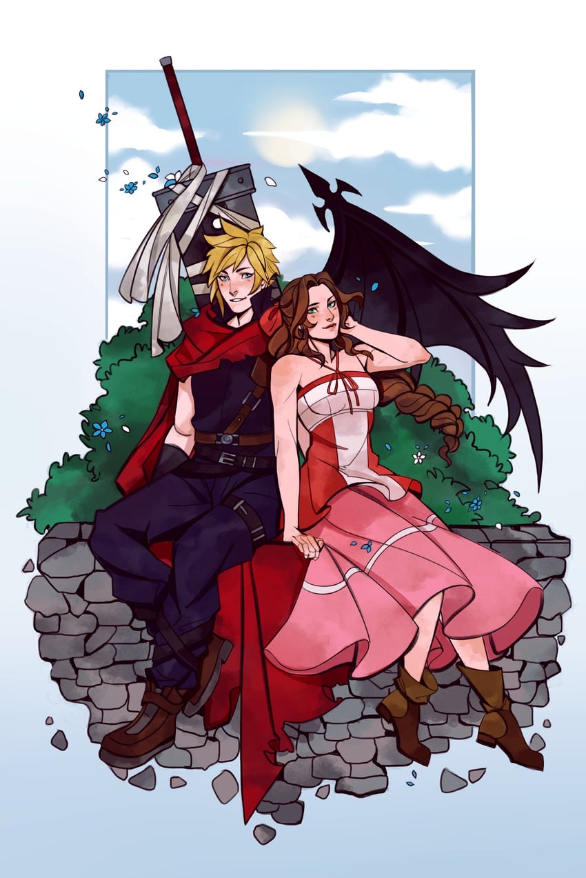 cloud strife and aerith gainsborough (final fantasy and 3 more) drawn by robasarel