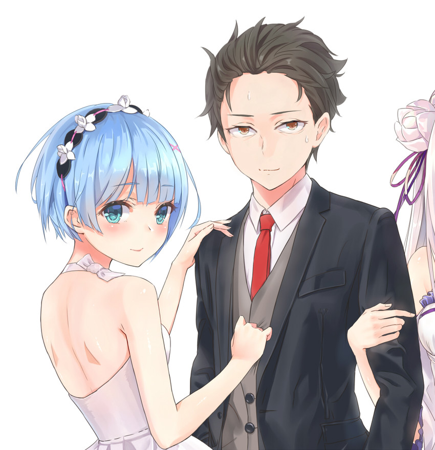 rem, emilia, and natsuki subaru (re:zero kara hajimeru isekai seikatsu) drawn by aimee_(emi)