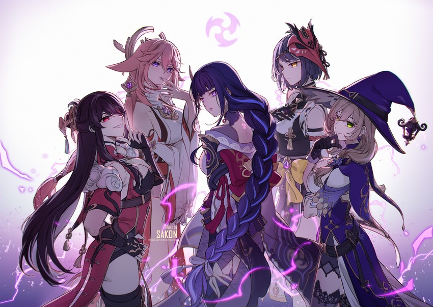 raiden shogun, yae miko, lisa, kujou sara, and beidou (genshin impact) drawn by sakon04