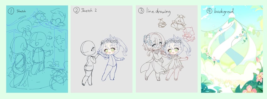 lumine, nahida, aranara, and sorush (genshin impact) drawn by hoshiusagi_no_chloe