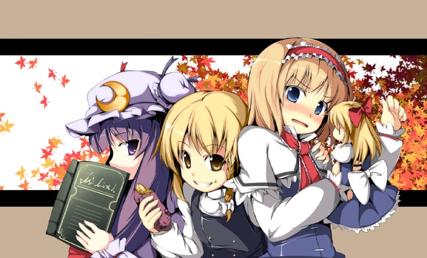 kirisame marisa, alice margatroid, patchouli knowledge, and shanghai doll (touhou) drawn by fujy