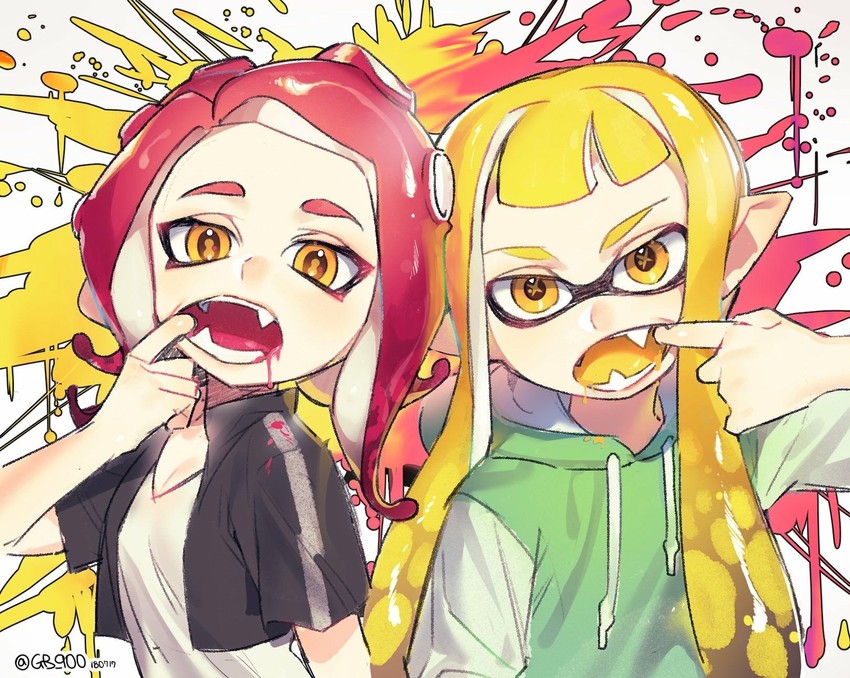 inkling player character, inkling girl, octoling player character, and octoling girl (splatoon and 2 more) drawn by 900_(gb_900)
