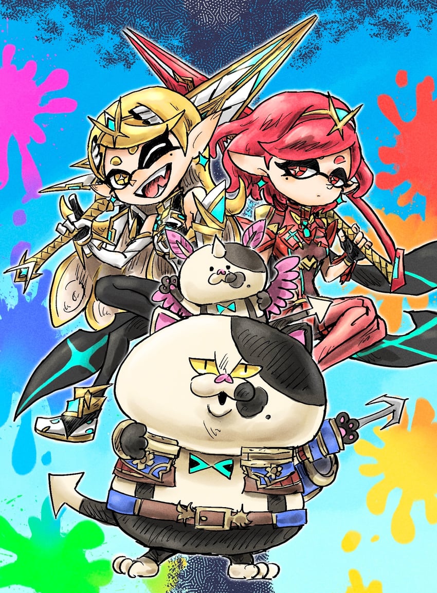pyra, callie, marie, rex, mythra, and 2 more (splatoon and 2 more) drawn by kicdon
