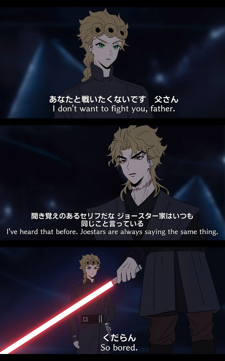 dio brando, giorno giovanna, darth vader, anakin skywalker, and luke skywalker (jojo no kimyou na bouken and 4 more) drawn by chuchumimipupu