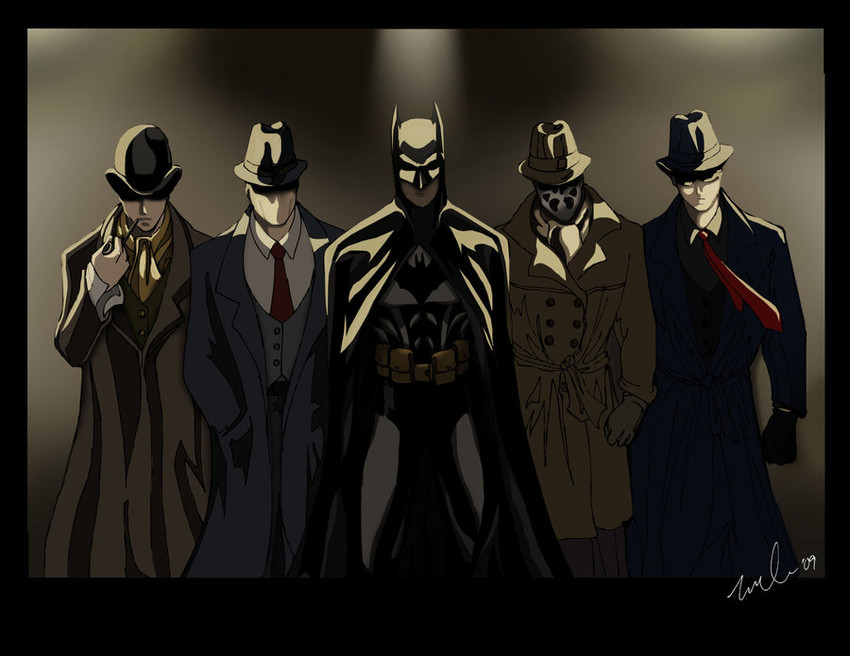 batman, sherlock holmes, rorschach, the question, and the spirit (dc comics and 3 more) drawn by orangebox01