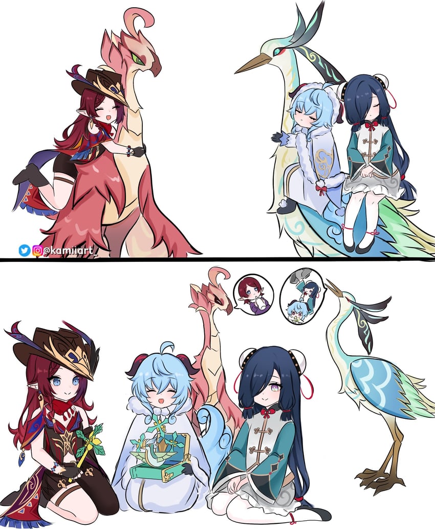 ganyu, shenhe, xianyun, chasca, cloud retainer, and 1 more (genshin impact) drawn by kamiiart