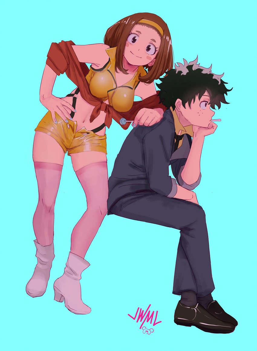 midoriya izuku, uraraka ochaco, faye valentine, and spike spiegel (boku no hero academia and 1 more) drawn by justin_leyva_(steamy_tomato)
