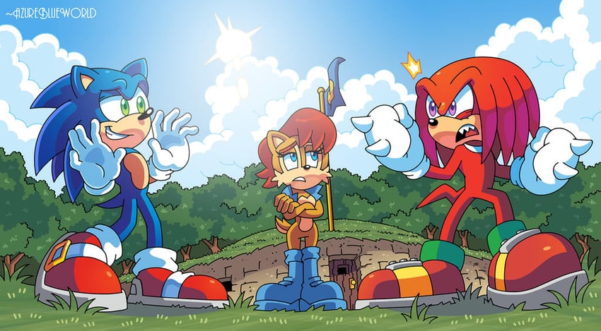 sonic the hedgehog, knuckles the echidna, and sally acorn (sonic and 2 more) drawn by azure_blue_world