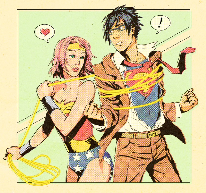 haruno sakura, uchiha sasuke, superman, and wonder woman (naruto and 3 more) drawn by samurai-pet
