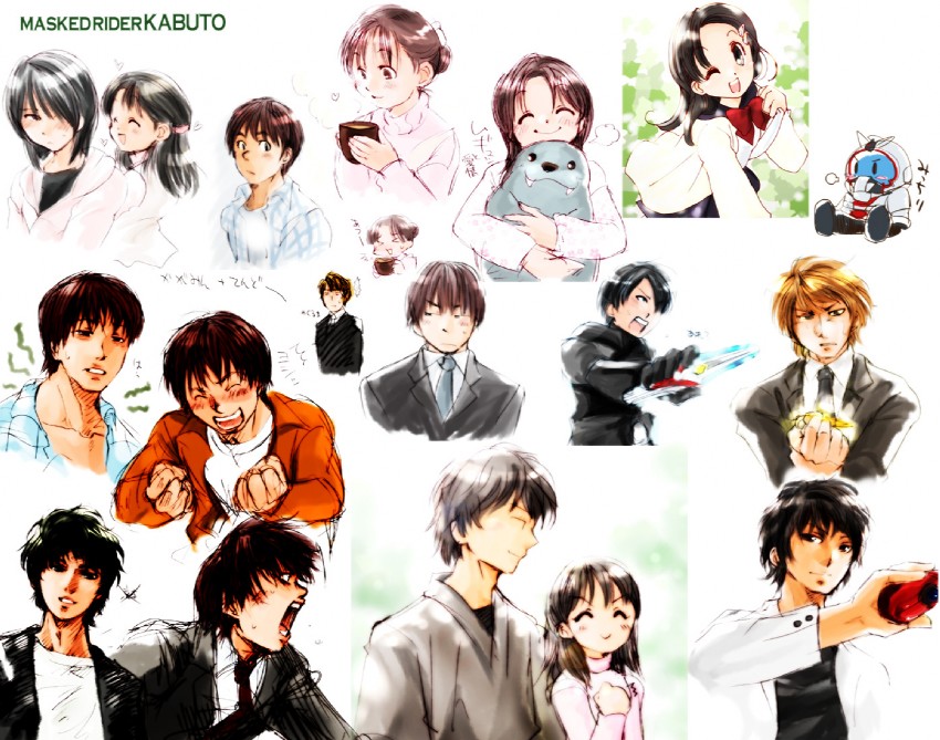 kamen rider kabuto, tendou souji, yaguruma sou, kagami arata, kusakabe hiyori, and 1 more (kamen rider and 1 more) drawn by sakata_(sakatamaki)