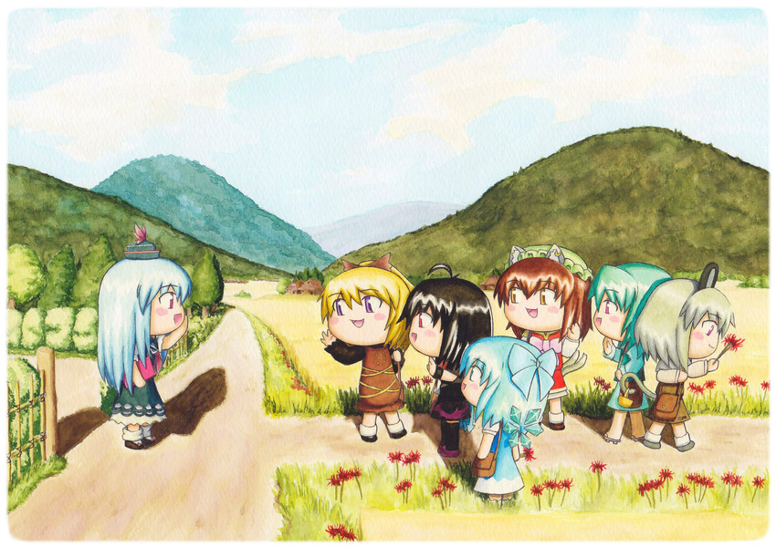 cirno, chen, tatara kogasa, kamishirasawa keine, nazrin, and 2 more (touhou) drawn by azusa_nigou_(eida2009)