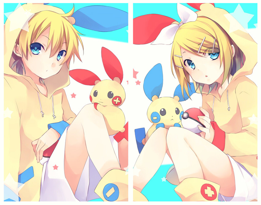 kagamine rin, kagamine len, minun, and plusle (pokemon and 1 more) drawn by kuroi_(liar-player)