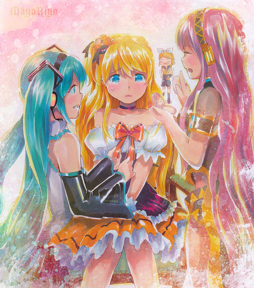 hatsune miku, kagamine rin, kagamine len, megurine luka, and takoluka (vocaloid) drawn by mayo_riyo