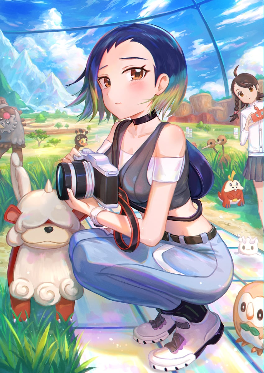 rotom, rowlet, juliana, rotom phone, fuecoco, and 7 more (pokemon and 1 more) drawn by kutsunohito