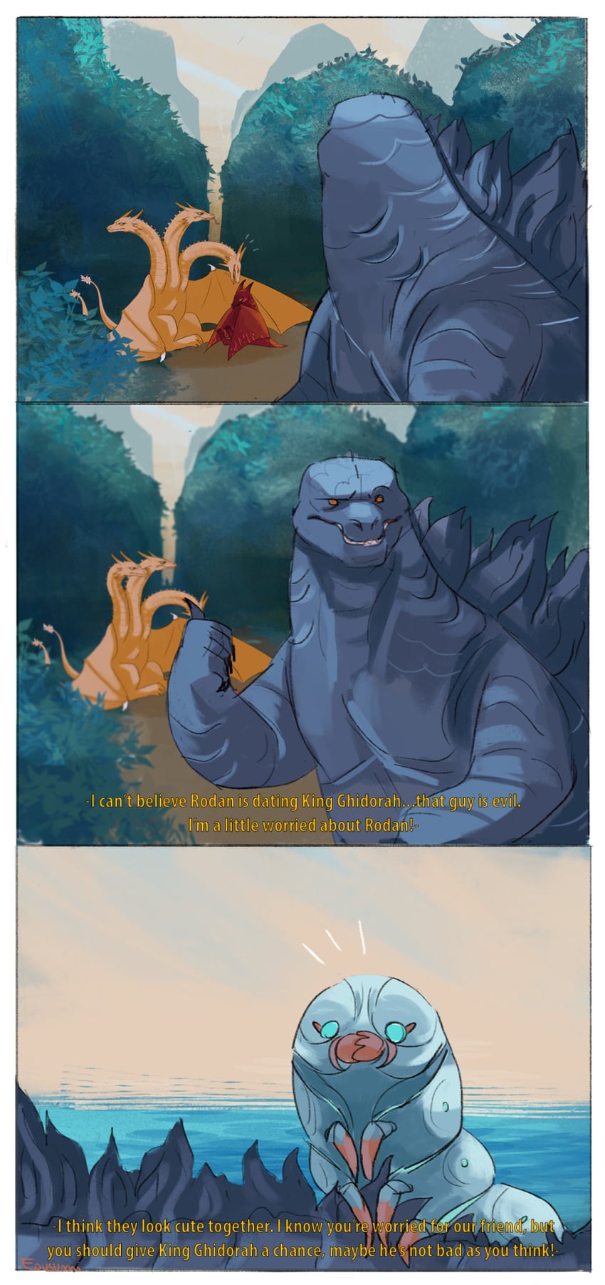 godzilla, king ghidorah, mothra, and rodan (godzilla and 2 more) drawn by eousumi