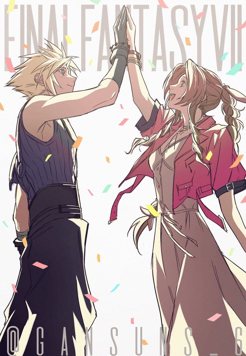 cloud strife and aerith gainsborough (final fantasy and 2 more) drawn by roku_(gansuns)
