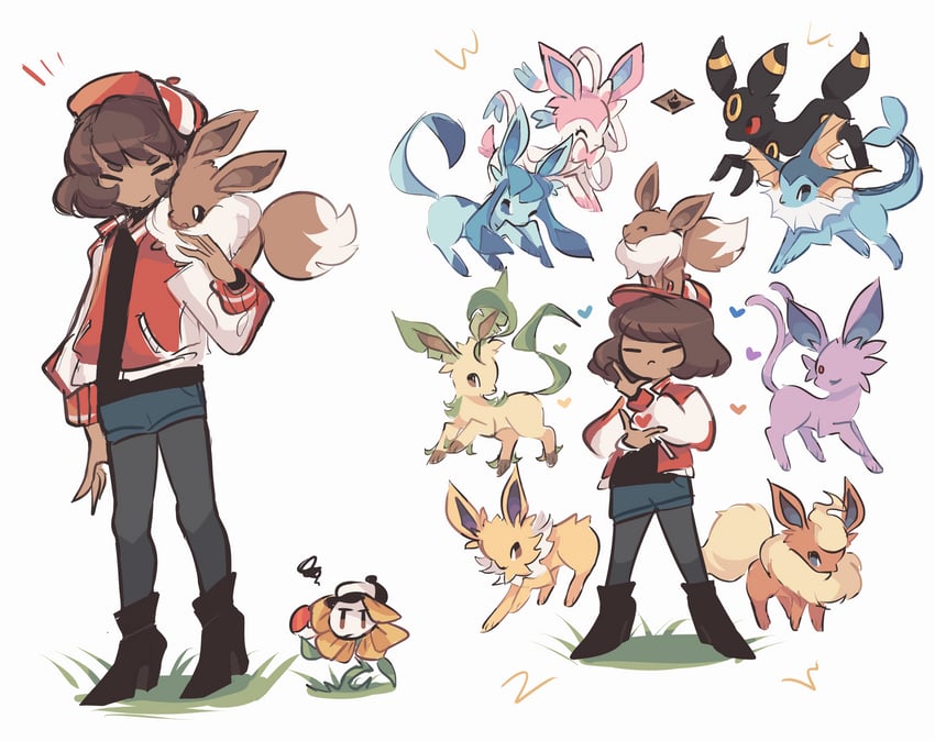 eevee, sylveon, umbreon, glaceon, frisk, and 6 more (pokemon and 1 more) drawn by charamells
