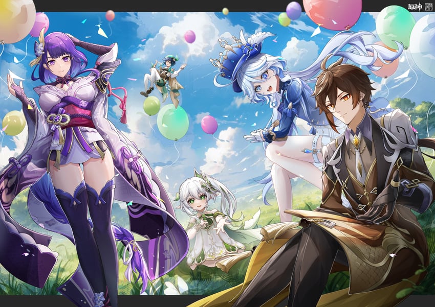 raiden shogun, furina, nahida, zhongli, and venti (genshin impact) drawn by tongyu