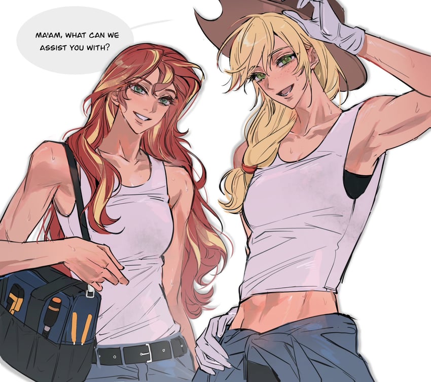 applejack and sunset shimmer (my little pony and 2 more) drawn by m_omoo