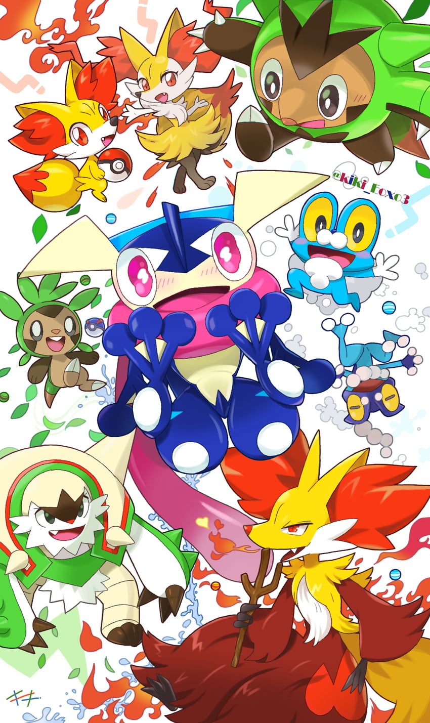 braixen, fennekin, greninja, chespin, froakie, and 4 more (pokemon) drawn by kiki_(431642)
