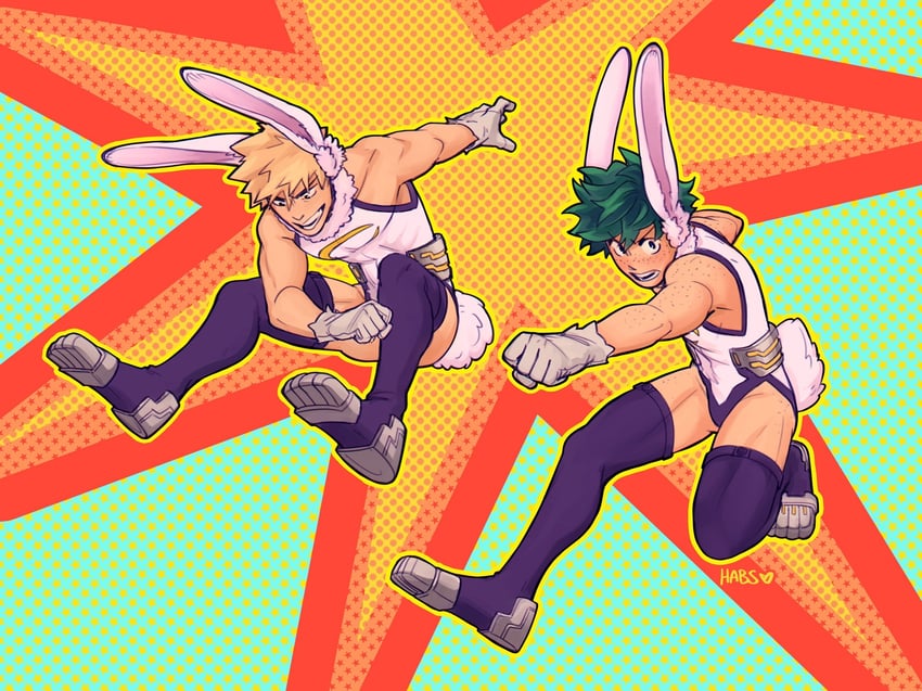 midoriya izuku, mirko, and bakugou katsuki (boku no hero academia) drawn by habkart