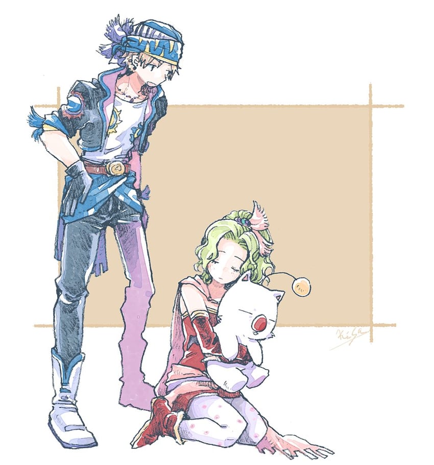 terra branford, moogle, and locke cole (final fantasy and 1 more) drawn by michibata_65