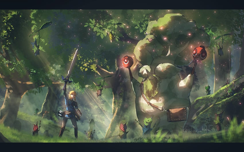 link, korok, and hestu (the legend of zelda and 1 more) drawn by shimekake