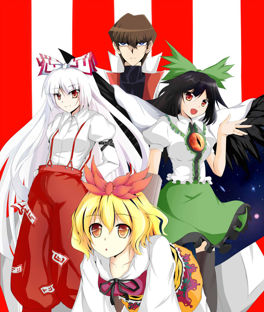 fujiwara no mokou, reiuji utsuho, toramaru shou, and kaiba seto (touhou and 2 more) drawn by kazami_chiu