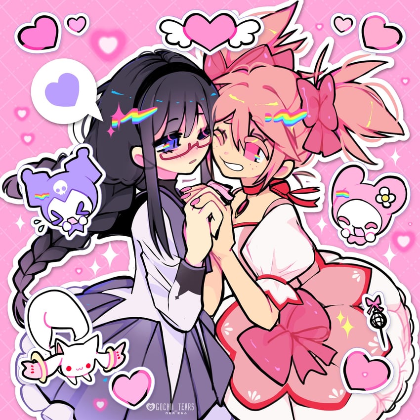 akemi homura, kaname madoka, kyubey, my melody, and kuromi (mahou shoujo madoka magica and 2 more) drawn by gochii_tears
