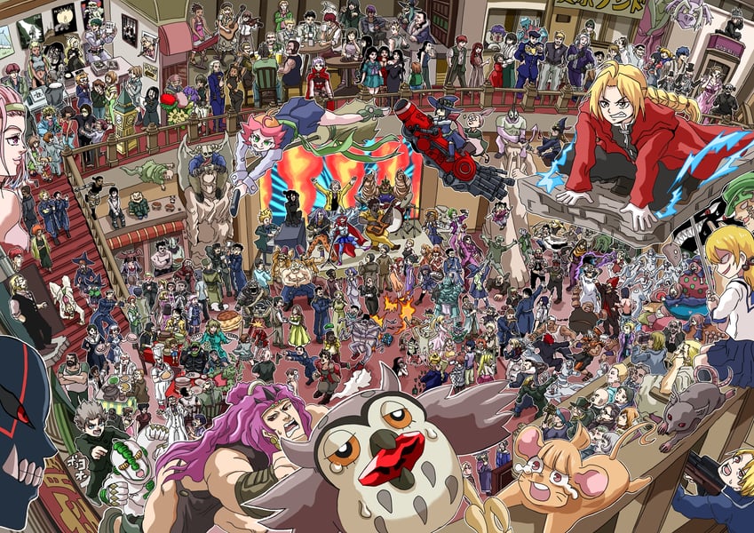 joseph joestar, kujo jotaro, caesar anthonio zeppeli, higashikata josuke, kagari atsuko, and 86 more (jojo no kimyou na bouken and 8 more) drawn by tsuchiyamashige