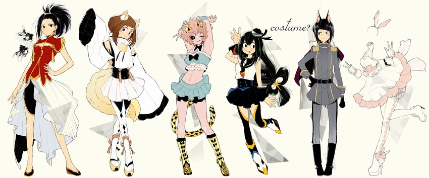 uraraka ochaco, asui tsuyu, yaoyorozu momo, ashido mina, jiro kyoka, and 1 more (boku no hero academia) drawn by dandel