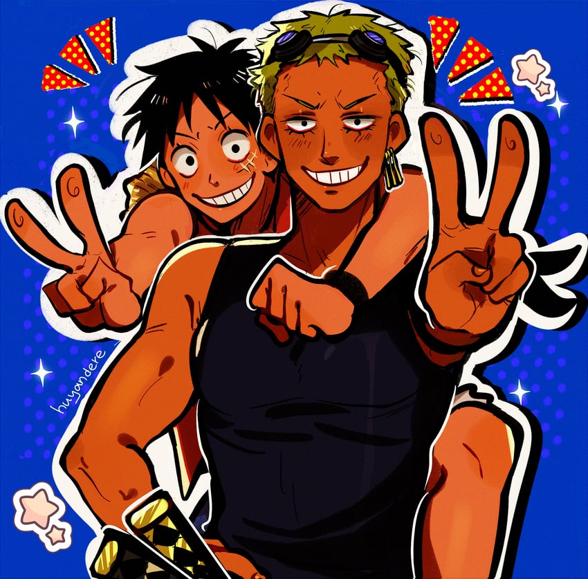 monkey d. luffy and roronoa zoro (one piece) drawn by huyandere