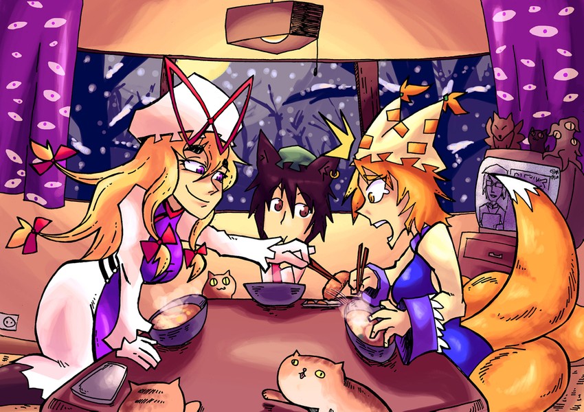 yakumo yukari, yakumo ran, chen, and morichika rinnosuke (touhou) drawn by setz