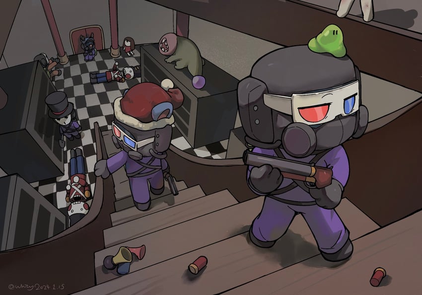 worker, coil-head, ghost girl, nutcracker, masked, and 2 more (lethal company) drawn by whity0827