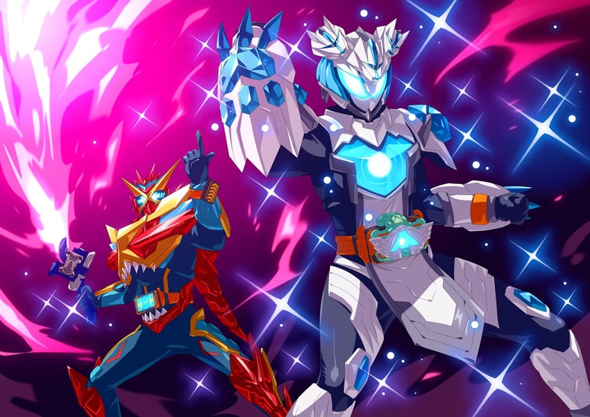 kamen rider gotchard, kamen rider majade, and kamen rider gotchard cross x-rex (kamen rider and 1 more) drawn by otokamu