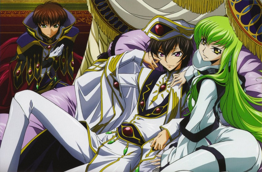 c.c., lelouch vi britannia, and kururugi suzaku (code geass)