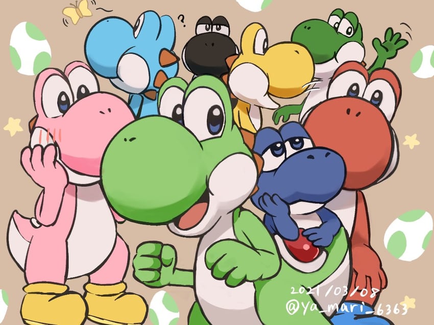 yoshi, yellow yoshi, pink yoshi, light blue yoshi, blue yoshi, and 2 more (mario) drawn by yamari_(ya_mari_6363)