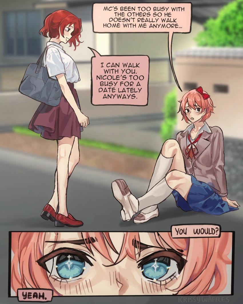 sayori and ari (doki doki literature club and 1 more) drawn by krissywaffles