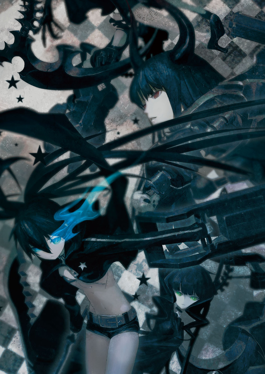 black rock shooter, dead master, strength, and black gold saw (original and 1 more) drawn by huke