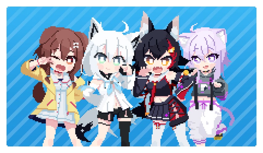 shirakami fubuki, nekomata okayu, ookami mio, and inugami korone (hololive and 1 more) drawn by potato7192