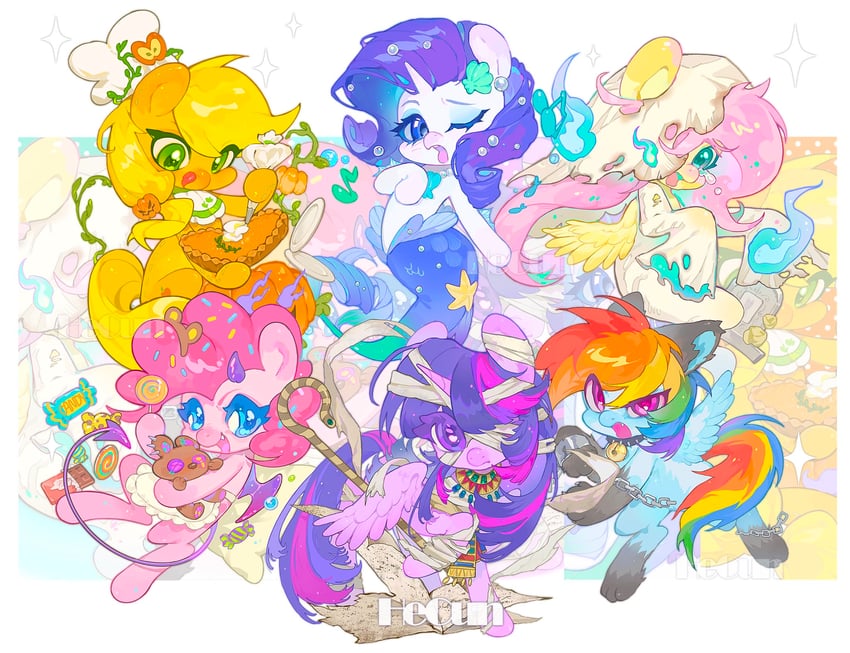 twilight sparkle, fluttershy, rainbow dash, pinkie pie, applejack, and 1 more (my little pony and 1 more) drawn by hecun923