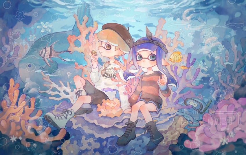 inkling player character, inkling girl, inkling boy, and jellyfish (splatoon) drawn by liang_cun_rakuna