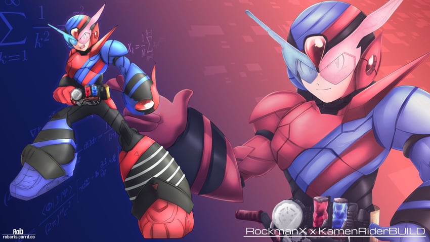 x and kamen rider build (mega man and 3 more) drawn by axasempai