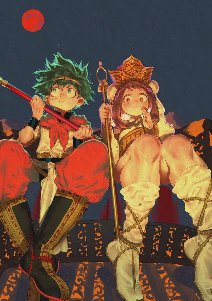 midoriya izuku, uraraka ochaco, sun wukong, and tang sanzang (boku no hero academia and 1 more) drawn by dekucha_kawaii